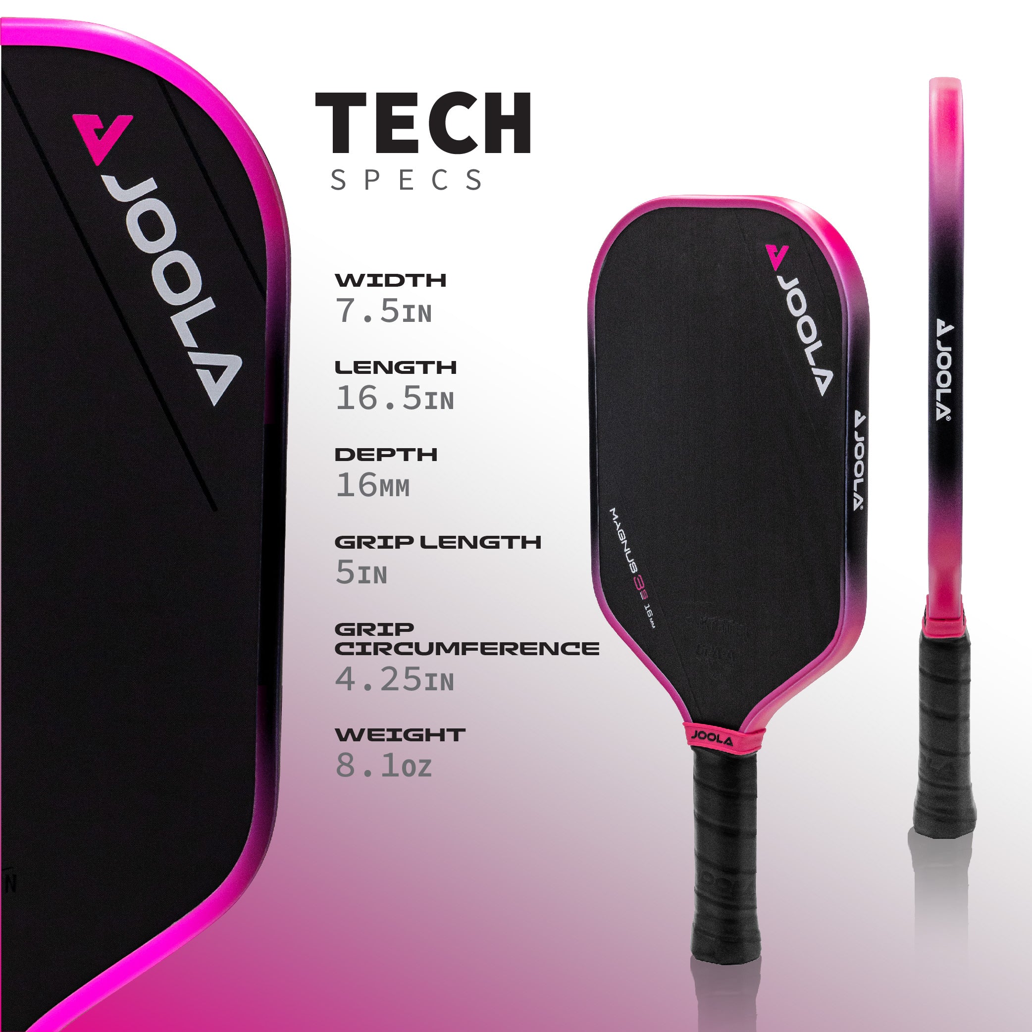 Infographic showing the tech specs of the JOOLA 3S Magnus 16mm pickleball paddle.