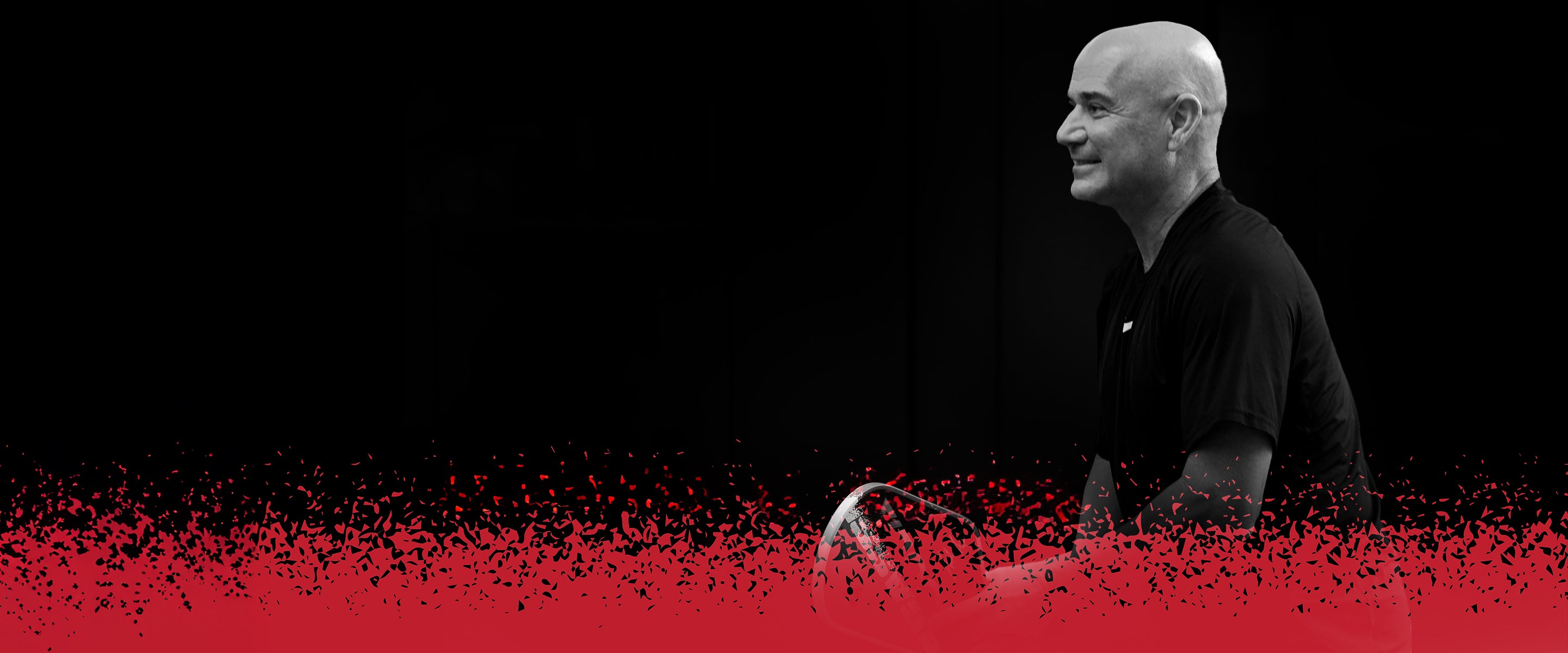 Header image with black and red design elements and Tennis legend Andre Agassi in frame.