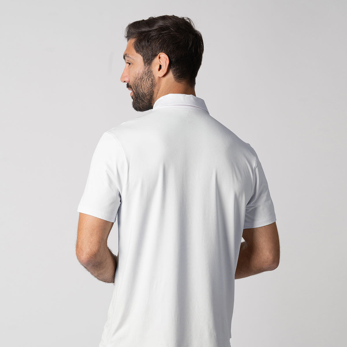 White background image, showing the modern self-fabric collar with no topstitch on the JOOLA Men's Club Polo, white.