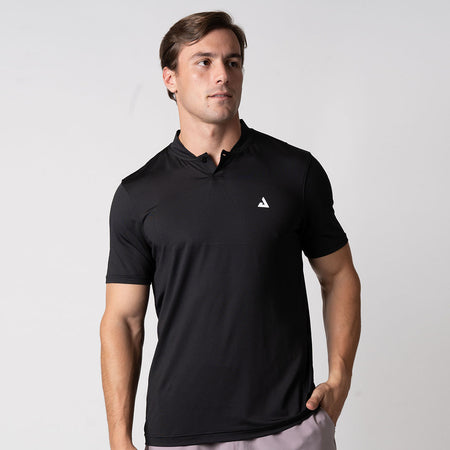 White background image, male model wearing a JOOLA Men's Court Polo, black.