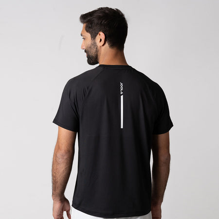 Image showing a JOOLA logo and white stripe down the back of a JOOLA Men's Court Short Sleeve Shirt, black.