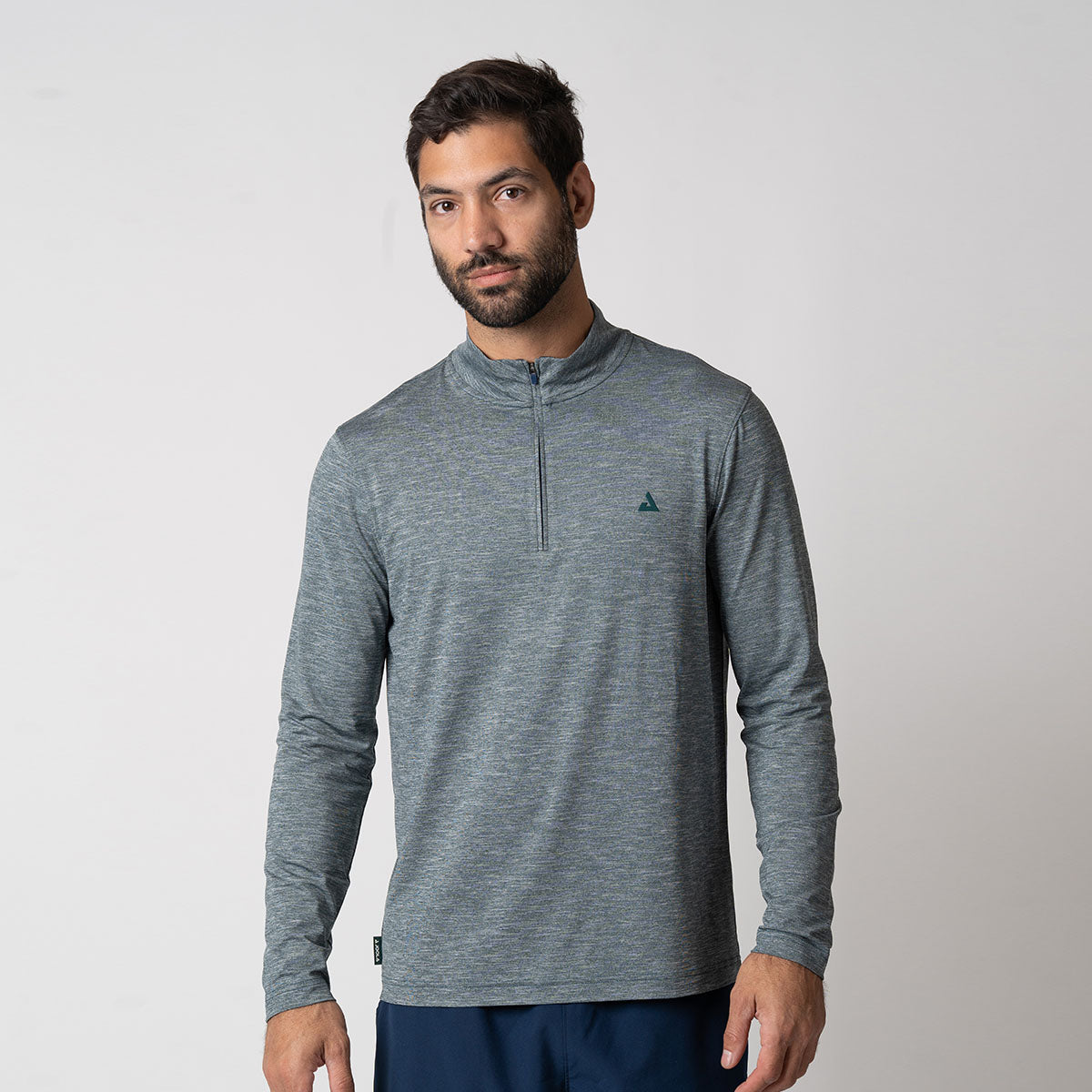 Image of male model wearing a JOOLA Men's Quarter Zip Pullover, Charcoal Green Heather.