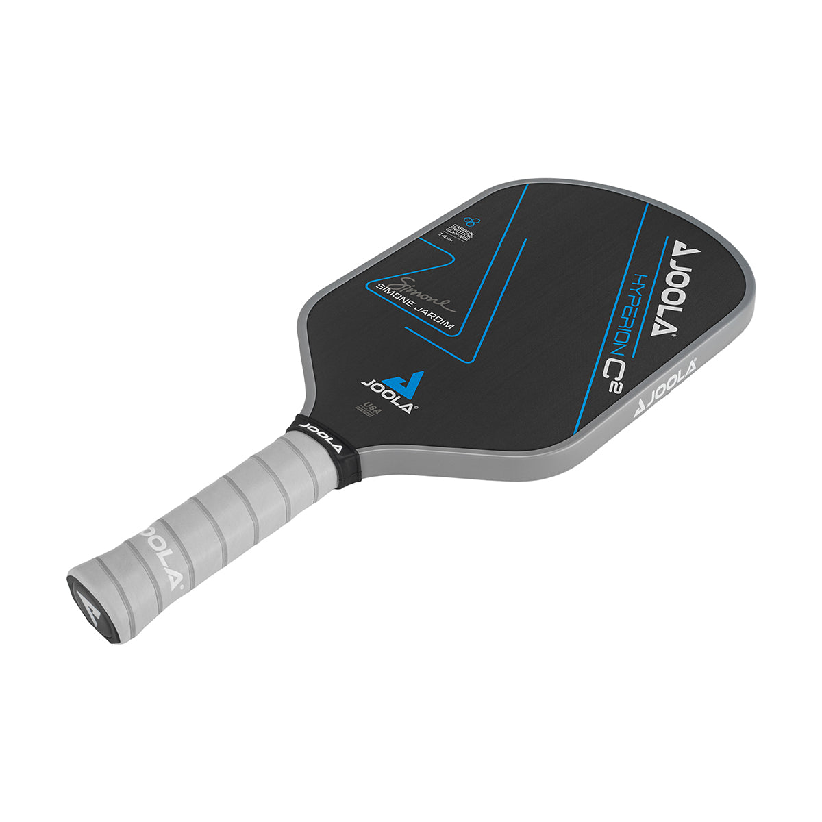 White Background Image: Simone Jardim Hyperion C2 Pickleball paddle. Black surface with blue lines and Simone Jardim's signature. Grey handle and grey edge guard with white JOOLA logo.