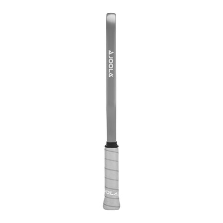 White Background Image: Side shot of the Simone Jardim Hyperion C2 Pickleball paddle. Grey handle and gray edge guard with JOOLA logo in white.