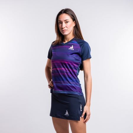 Female model wearing a JOOLA Solstice Table Tennis Shirt, Navy and Purple.