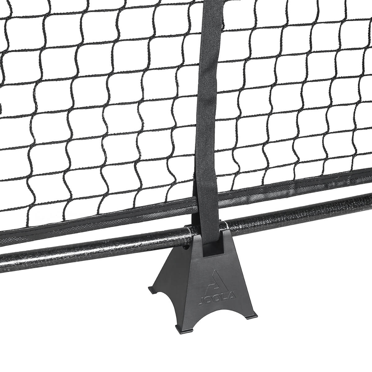 White Background Image: Close up image of the JOOLA symmetry pickleball net, base of net with JOOLA trinity logo.