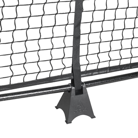 White Background Image: Close up image of the JOOLA symmetry pickleball net, base of net with JOOLA trinity logo.