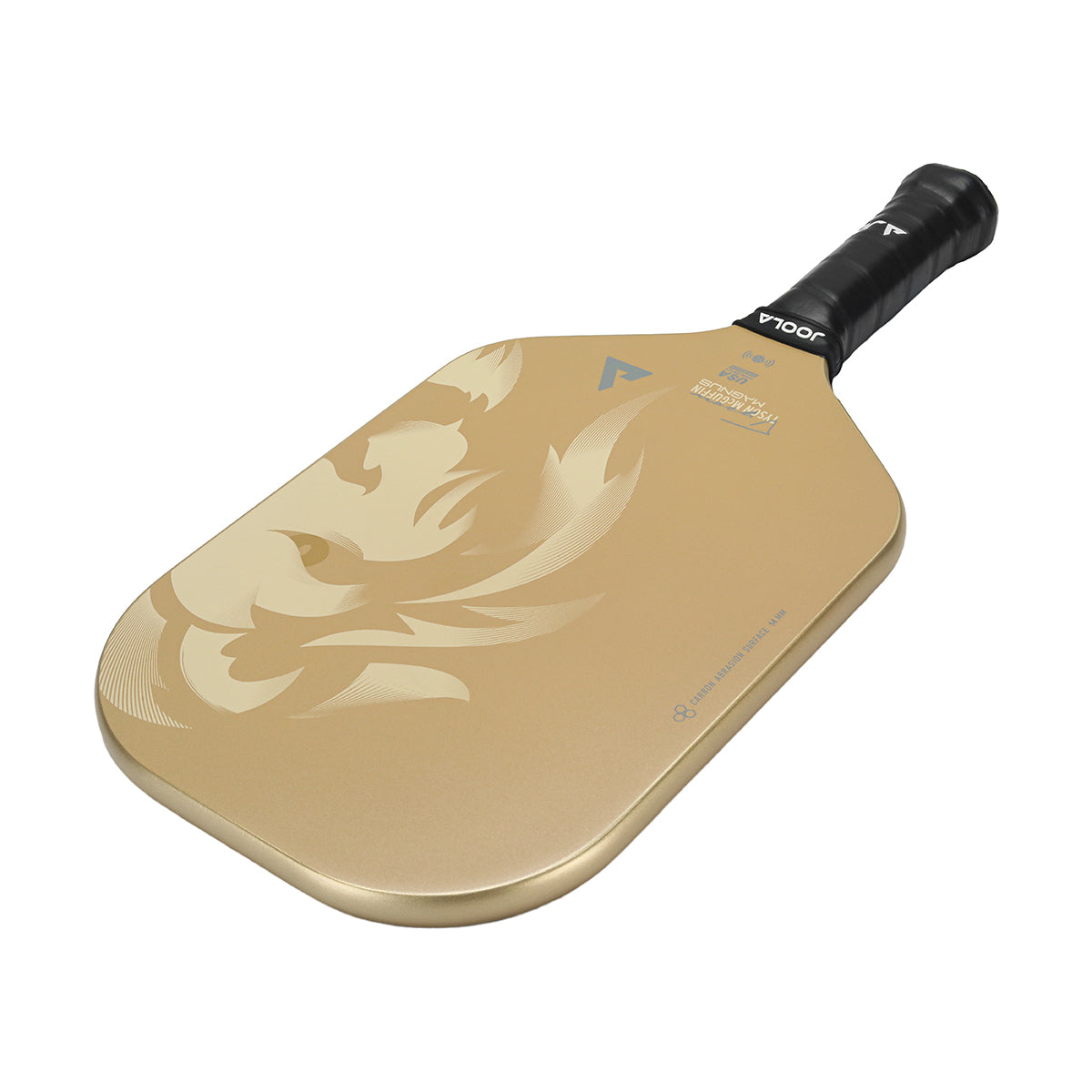 White background image of the JOOLA Magnus CAS 14mm Pickleball Paddle. Straight on view of the lion image on the paddle face. Gold and black.