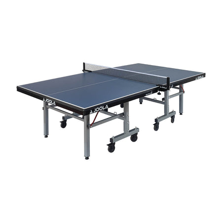 White Background Image: Full view of World Cup 25 table tennis table. Angled but show entire length of table with undercarriage, wheels, net and surface.