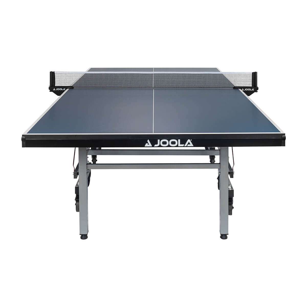 White Background Image: Straight on view of the World Cup 25 table tennis table, JOOLA logo on the front-end side of the table. Undercarriage, lines and net.