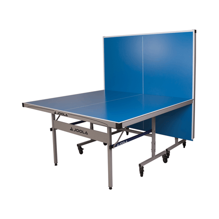 Product image of a half folded JOOLA Rapid Play outdoor table tennis table.