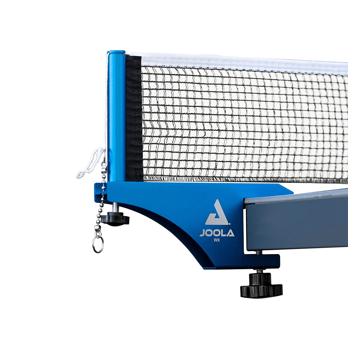 White background image: Product image of left side of a JOOLA table tennis net.