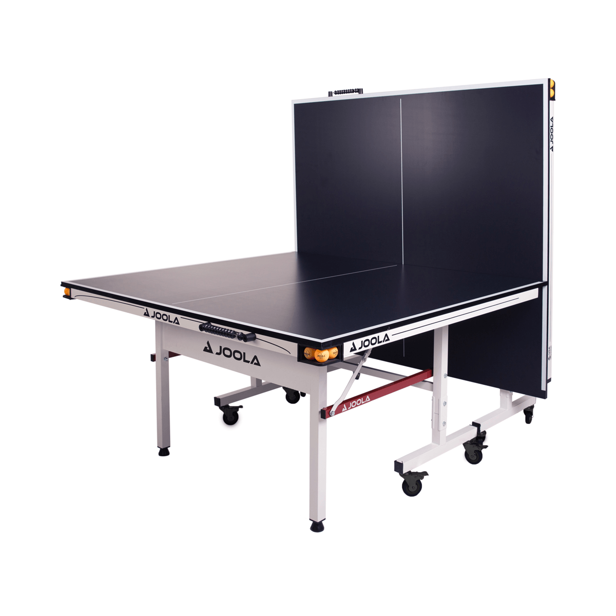 Product image of a JOOLA Rapid Play 1800 table tennis table with one side upright.