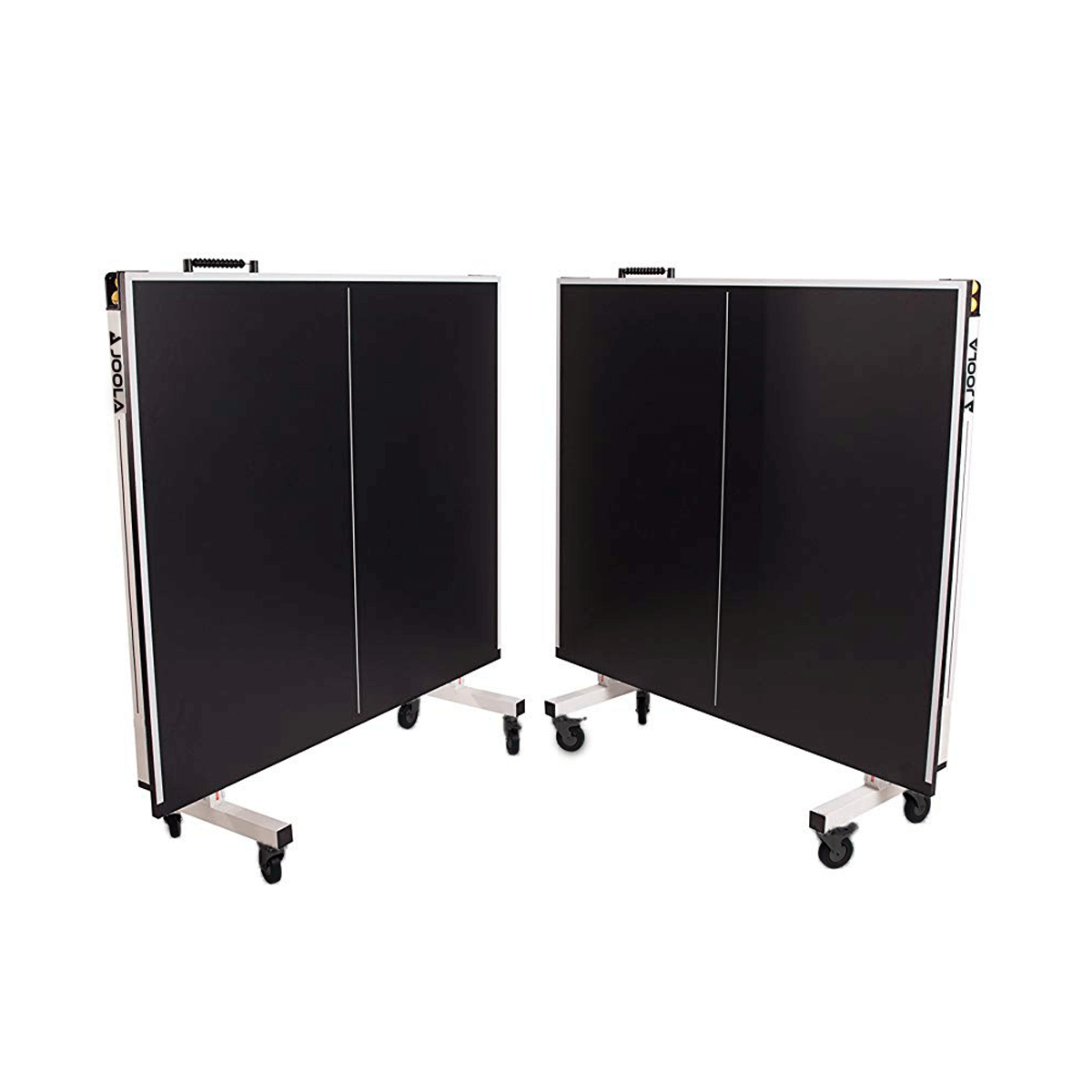 Product image of two folded and upright JOOLA Rapid Play 2500 table tennis tables.