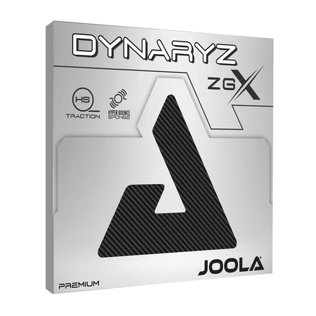 White Background Image: Package of Dynaryz ZGX Table Tennis Racket Rubber. Silver box with black JOOLA logo.