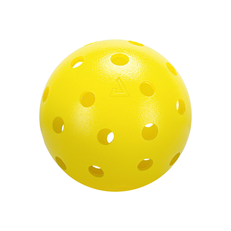 White Background Image: Close up shot of the Heleus pickle ball. Bright yellow in color with etched JOOLA logo on the surface. Multiple equidistant holes.