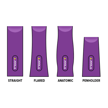 White Background Image: Infographic of the different types of JOOLA table tennis racket handles.