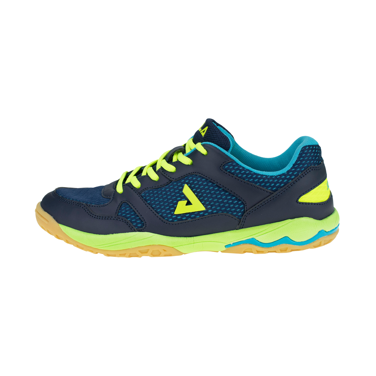 White Background Image: Product image of the JOOLA NexTT Table Tennis Shoe, navy and lime. #navy/lime