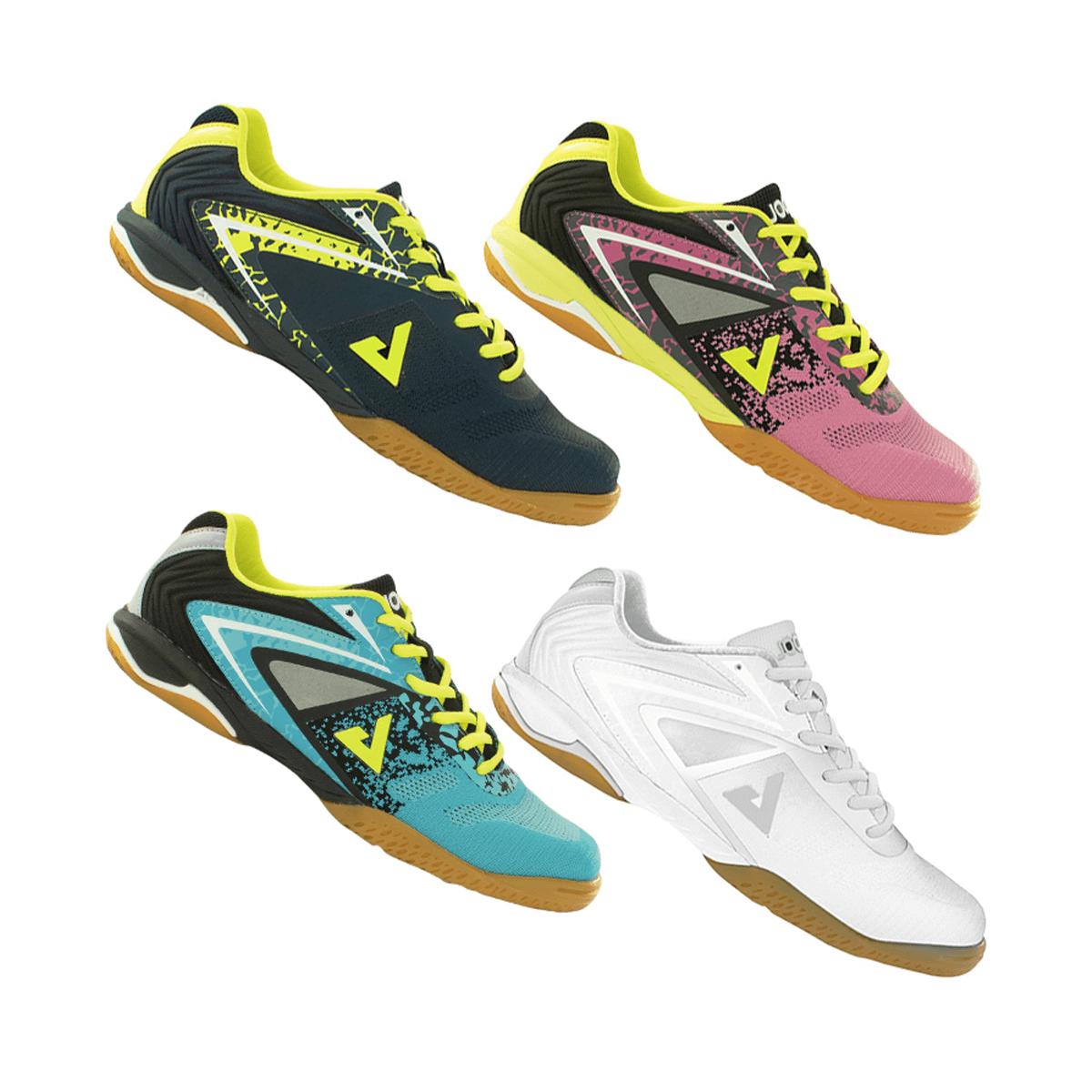 White background Image: Product image of all four color options of the JOOLA Pro Blast Table Tennis shoes.