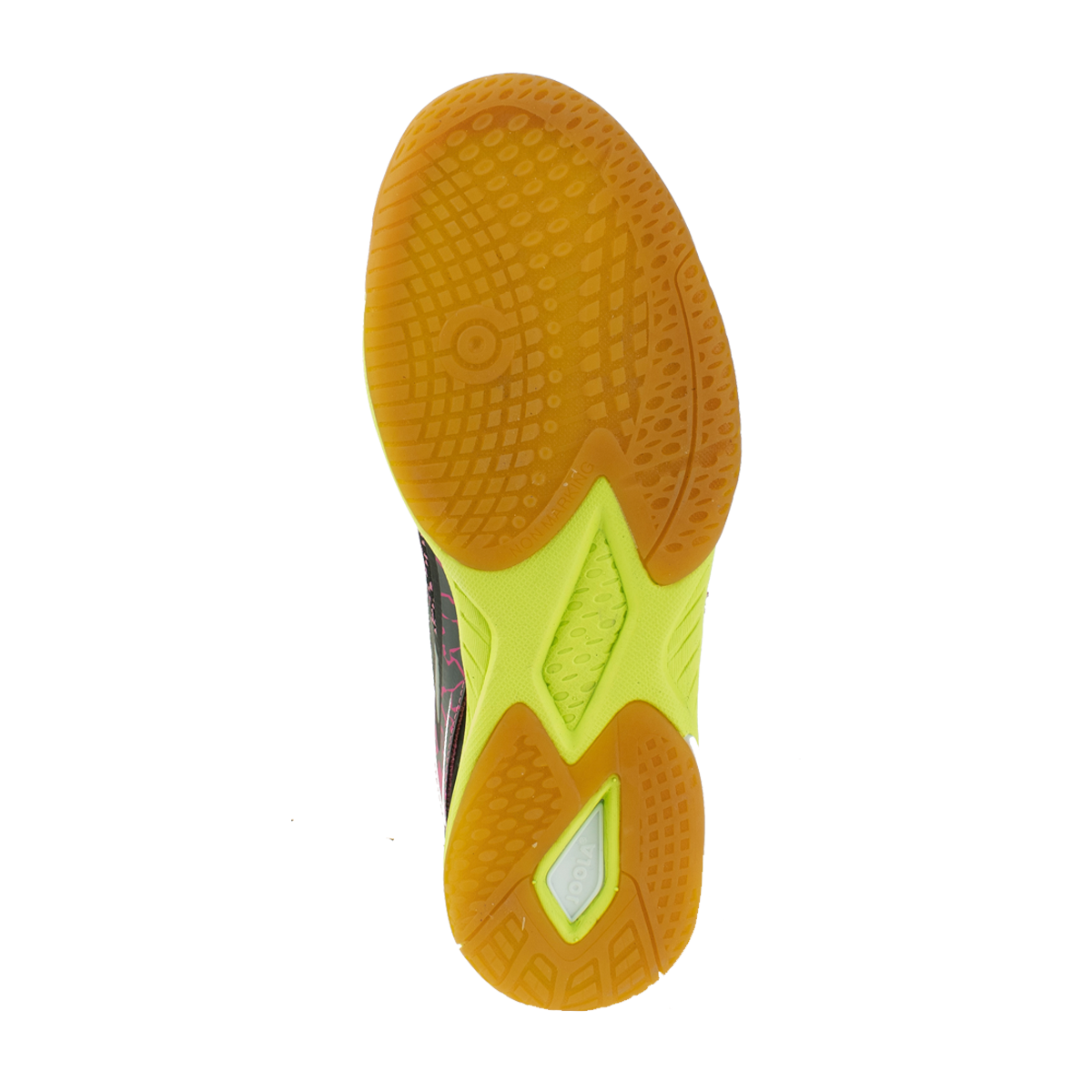 White background Image: Product image of the bottom of a JOOLA Pro Blast Table Tennis shoe. #Black/Pink